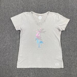 Life is Good T Shirt Women Classic Fit “Sand by Me” Palm Tree Gray Size Small